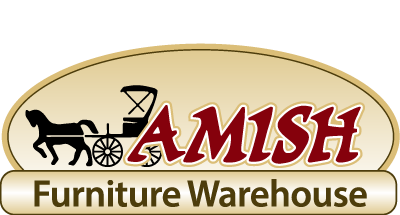 New London Amish Furniture Warehouse text around a tan oval with a horse and buggy next to the word Amish